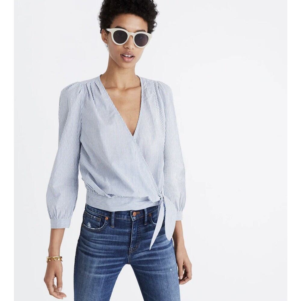 Madewell Wrap Top Indigo Blue Stripe XS NWT